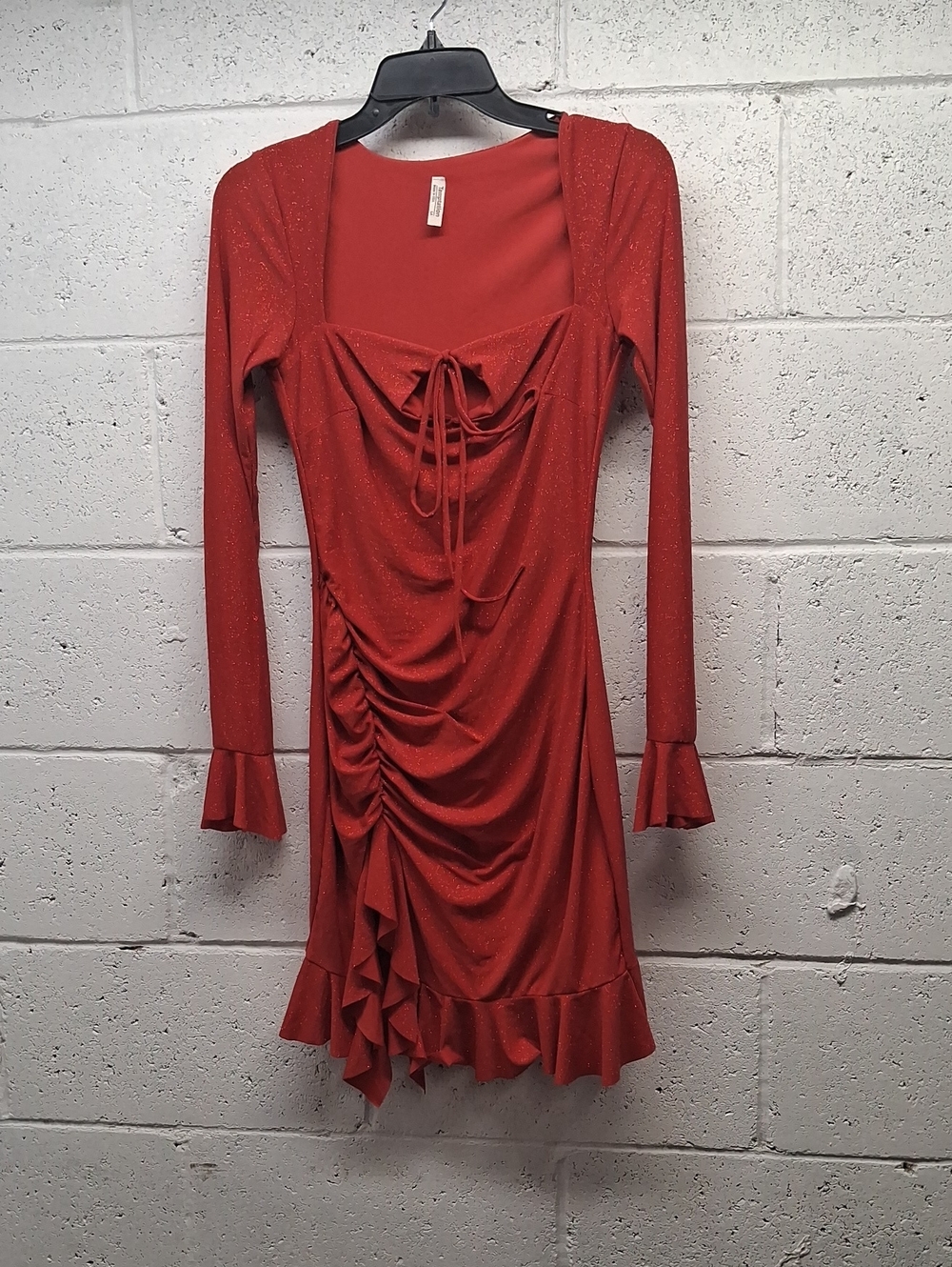 NWOT Women’s Temptation Red Ruched Long Sleeve Dress with Ruffle Hem